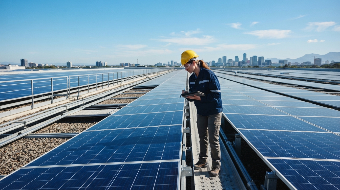 Solar panels and technician photograph